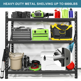 Garage Shelving Heavy Duty 72H 77 W Garage Storage Shelves 6000LBS Heavy Duty Shelving Adjustable 3 Tier Metal Shelving For Garage Storage Shelvi (Color: Black)